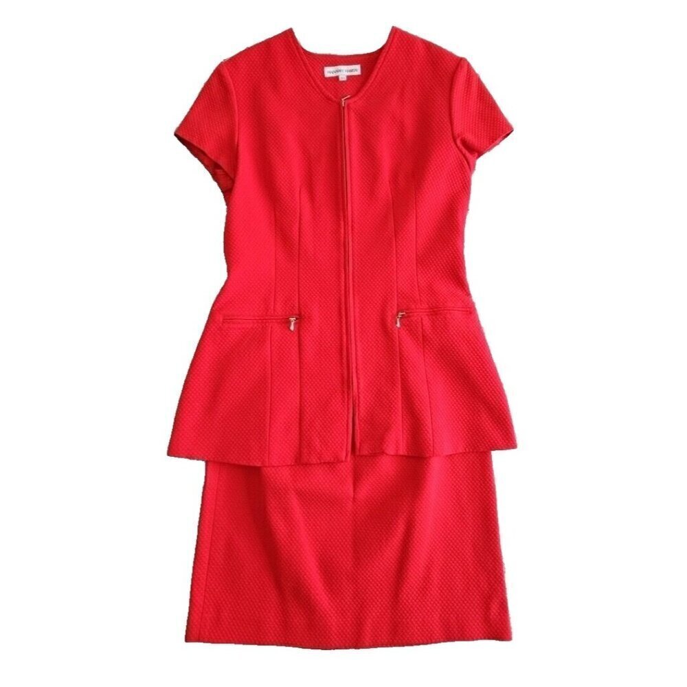 Hannah Hardy 2 Piece Skirt‎ Suit Size 10 Red Fully Zip Cap Sleeve Fitted Blazer